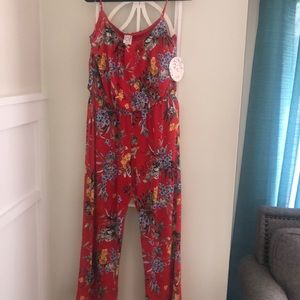 Red floral jersey jumpsuit